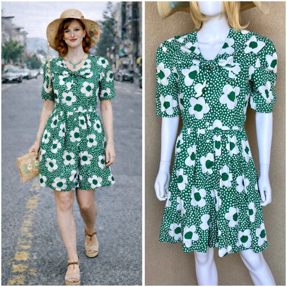 Vintage 80s Green Flower Power Skort Playsuit
